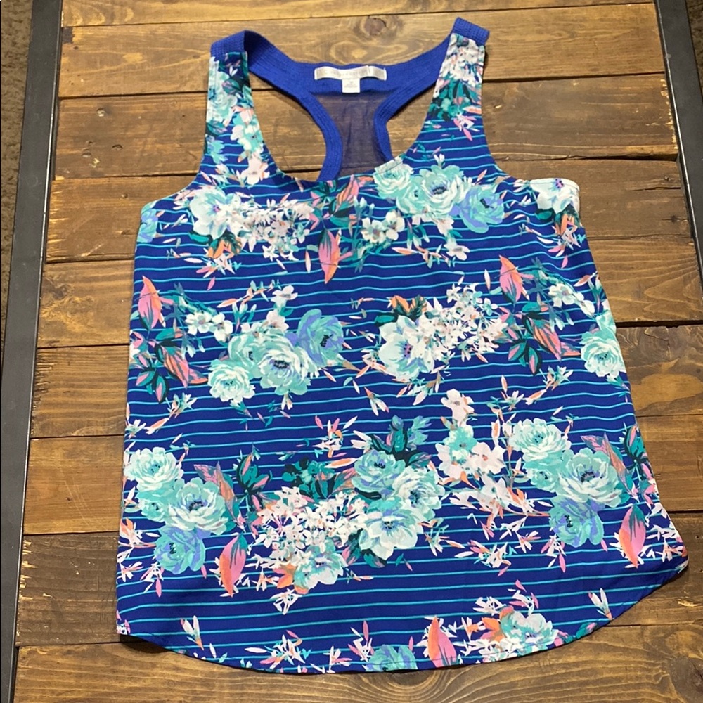 LC Lauren Conrad Tank Top Blue Floral Front Blue Mesh Back Racerback Size Meduim